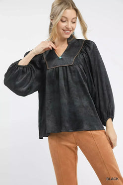 Umgee Crinkle Brocade Long Sleeve Blouse - DAVERRI FASHIONS