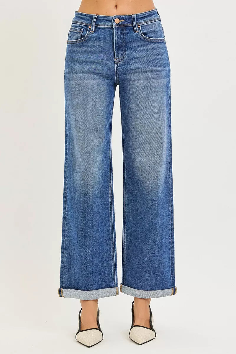 RISEN high-rise relaxed fit wide-leg blue denim jeans with rolled cuffs