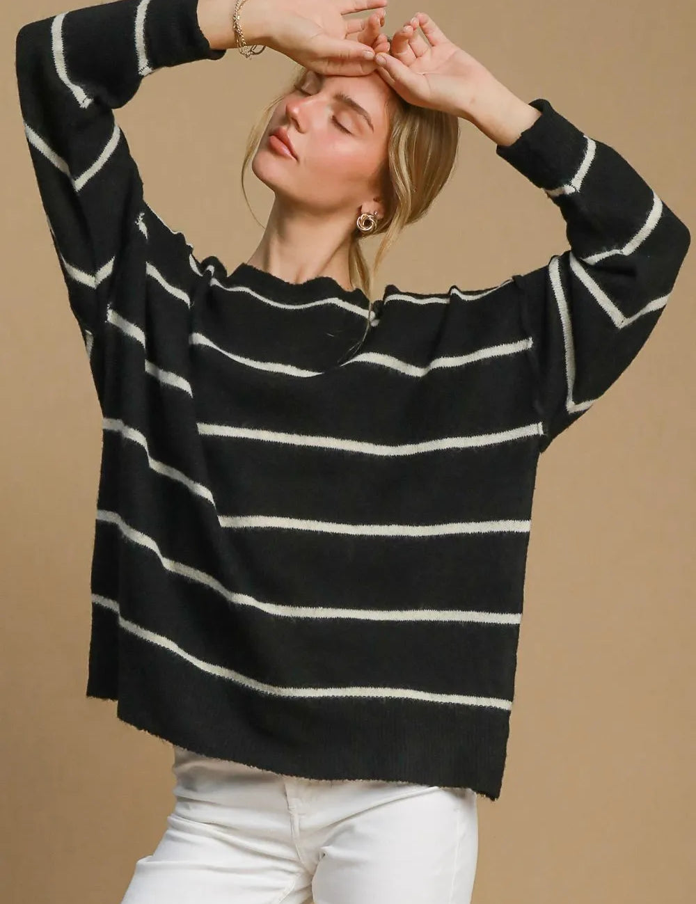 Black Cream Umgee Wool Blend Striped Round Neck Sweater | Sweaters Daverri Fashions