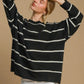 Umgee Wool Blend Striped Round Neck Sweater Black Cream