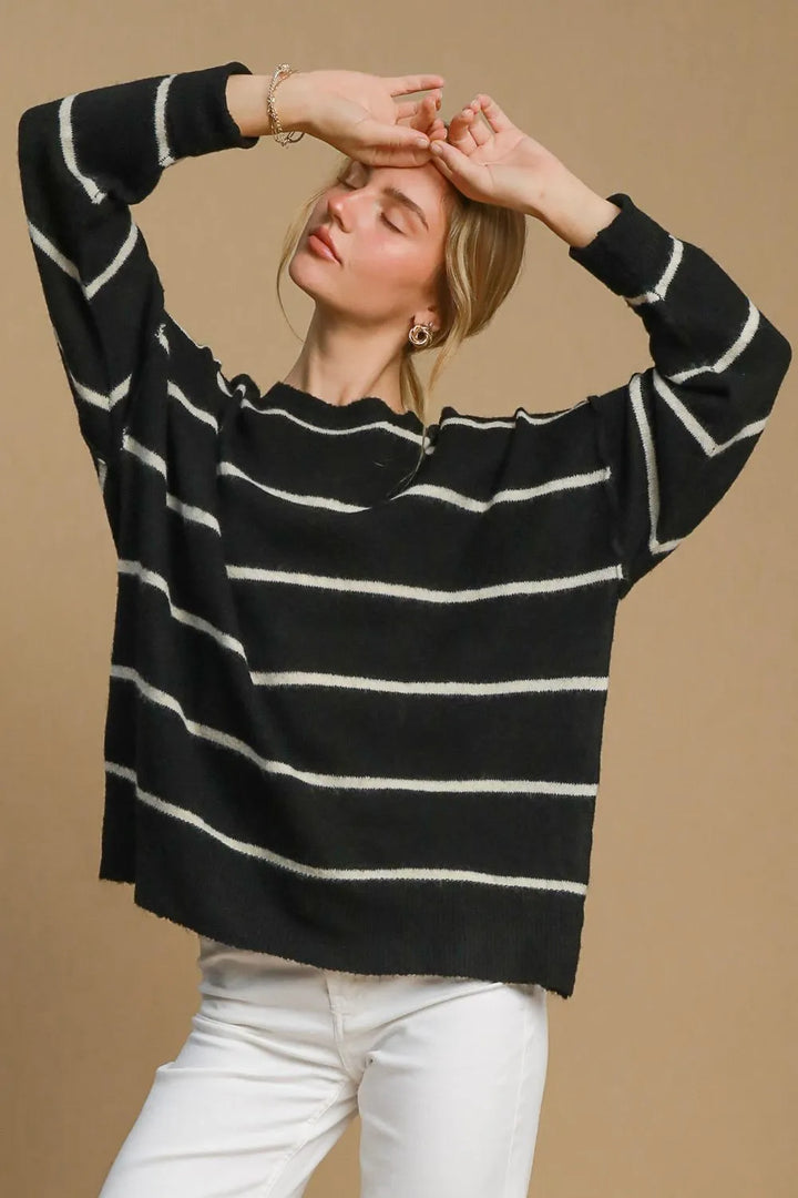 Umgee Wool Blend Striped Round Neck Sweater Black Cream