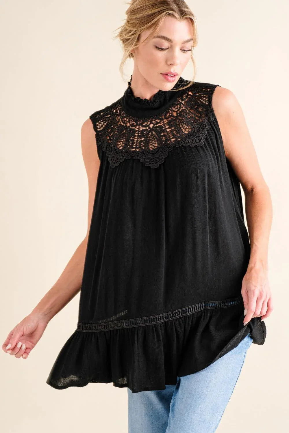 And The Why Lace Detail Sleeveless Ruffled Top - DAVERRI FASHIONS