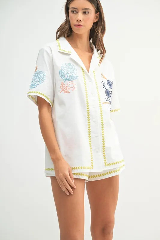 MABLE Embroidered Button Down Shirt and Shorts Set Outfit Sets
