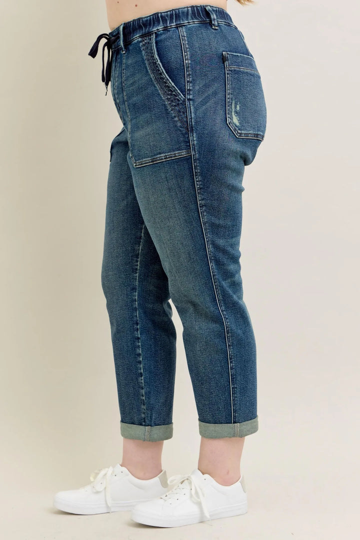 Judy Blue Full Size HW Vintage Wash Jeans w/ Drawstring | Jeans Daverri Fashions