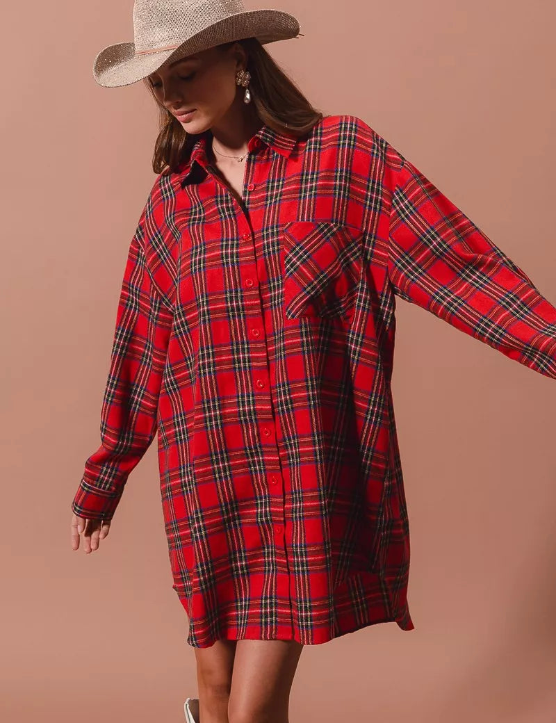 SO ME Christmas Checker Plaid Button Up Shirt Dress | Shirt Dresses Daverri Fashions