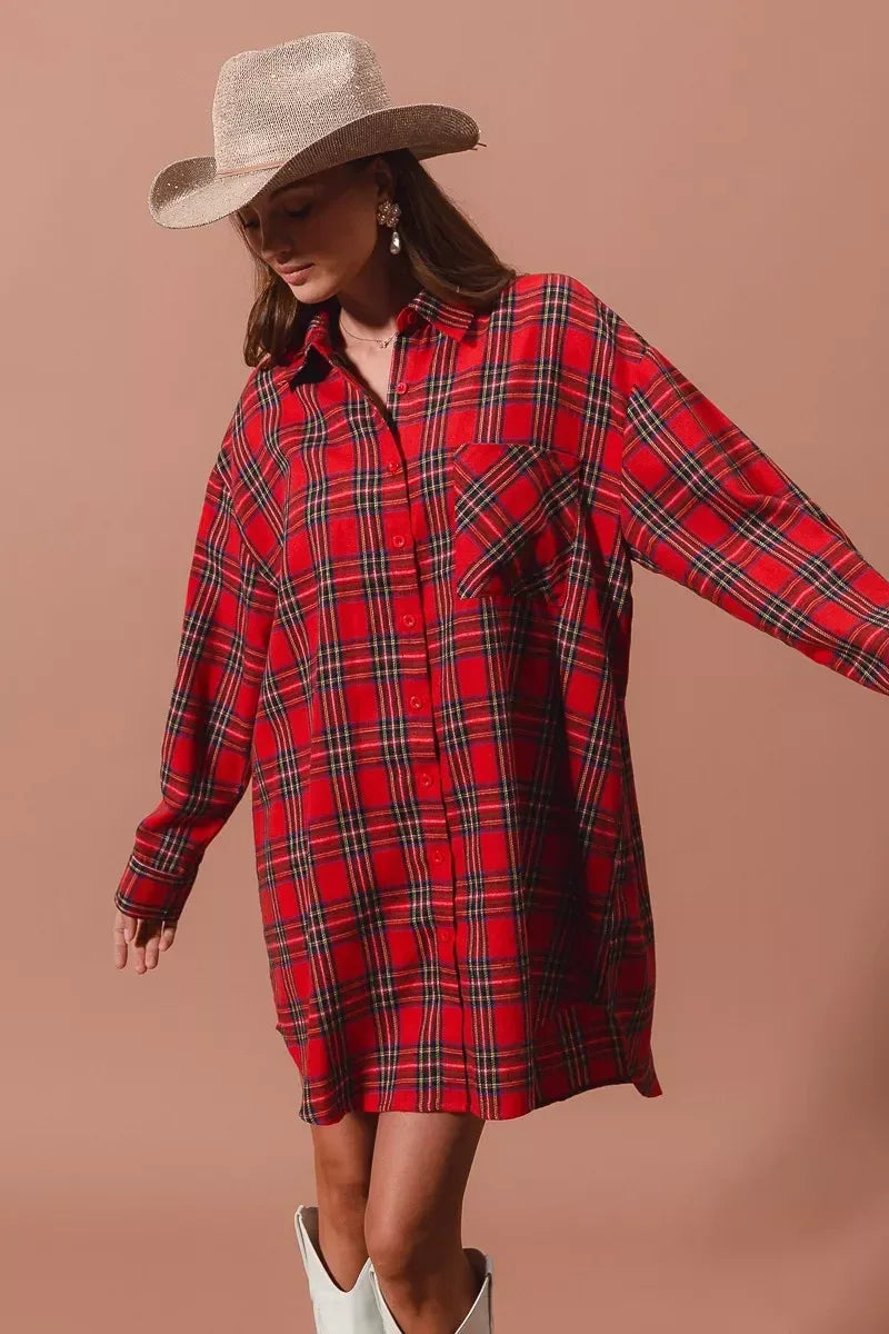 SO ME Christmas Checker Plaid Button Up Shirt Dress - DAVERRI FASHIONS
