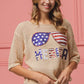 BiBi sequin American flag sunglasses knit cover up with beige crochet sweater and Merica lettering