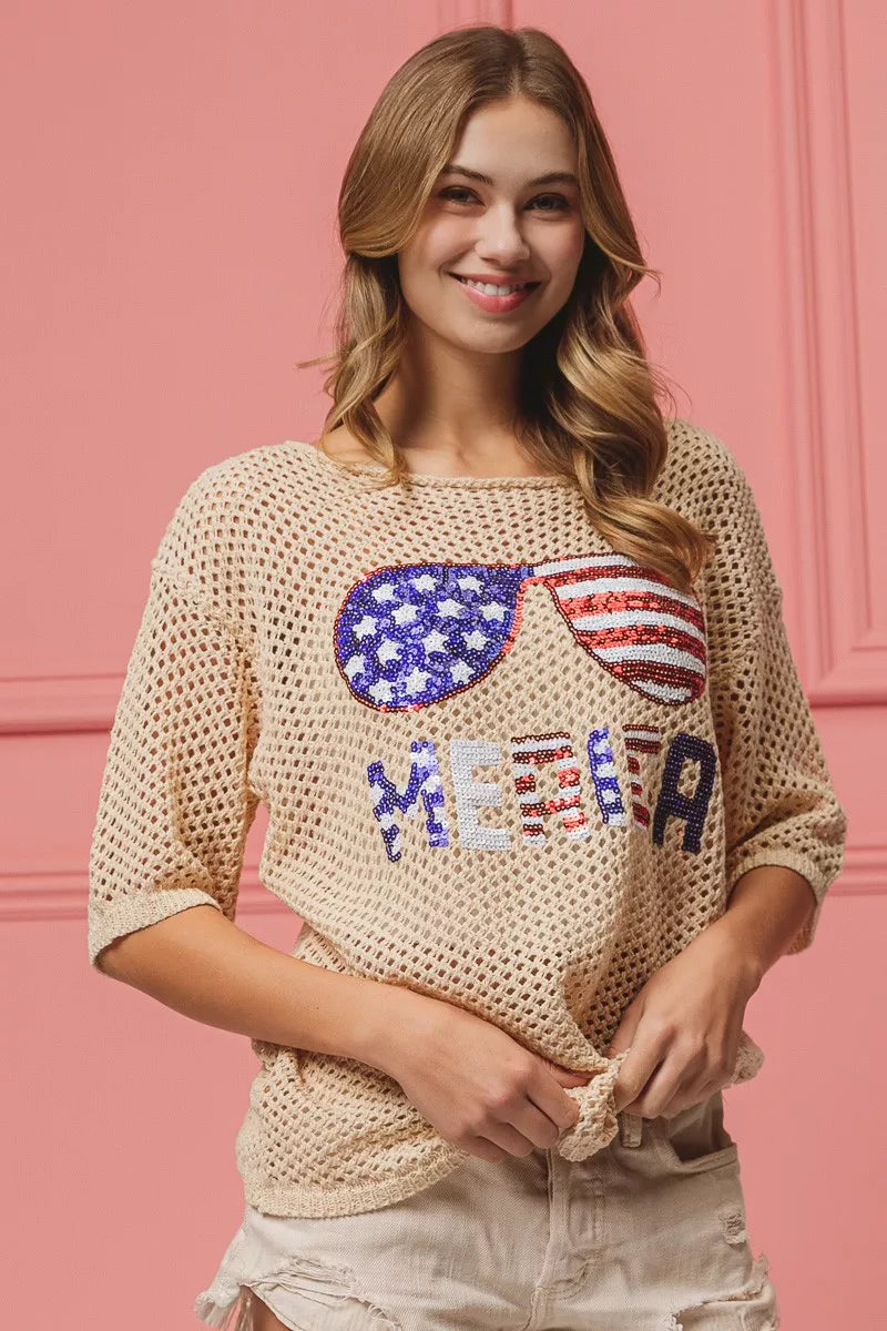 BiBi sequin American flag sunglasses knit cover up with beige crochet sweater and Merica lettering
