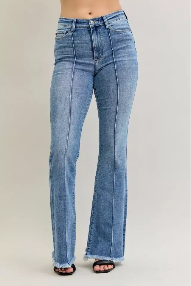 Judy Blue High Waist Flare Fray Hem Jeans with Front Pintuck Detail | Daverri Fashions