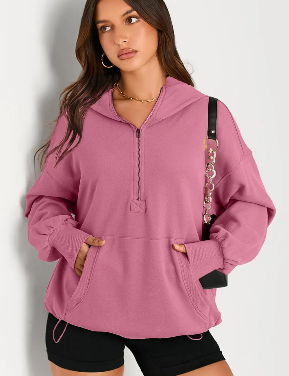 Dusty Pink Pocketed Half Zip Long Sleeve Hoodie | Hoodies Daverri Fashions