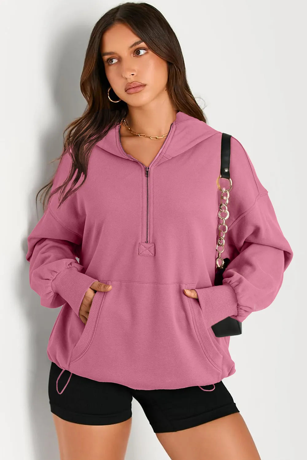 Dusty Pink Pocketed Half Zip Long Sleeve Hoodie | Hoodies Daverri Fashions