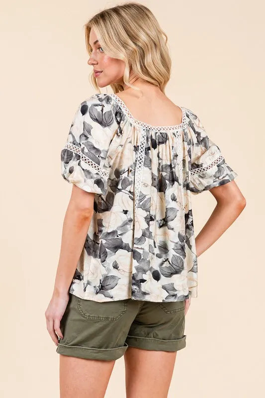 Lime 'N' Chili Floral Print Lace Trim Puff Sleeve Blouse