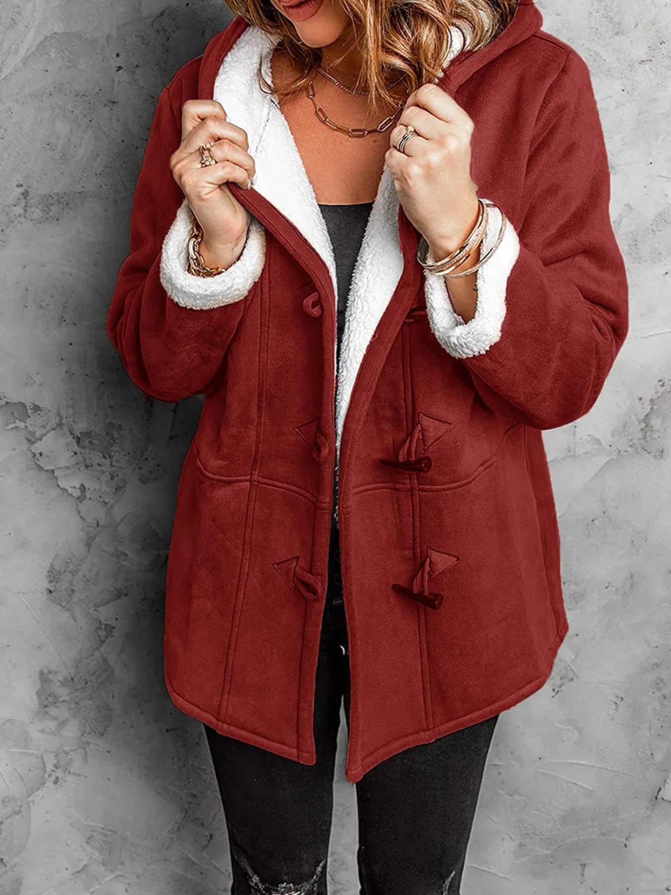 Burgundy Full Size Cozy Sherpa Lined Toggle Coat with Hood Plus Size | Coats Daverri Fashions