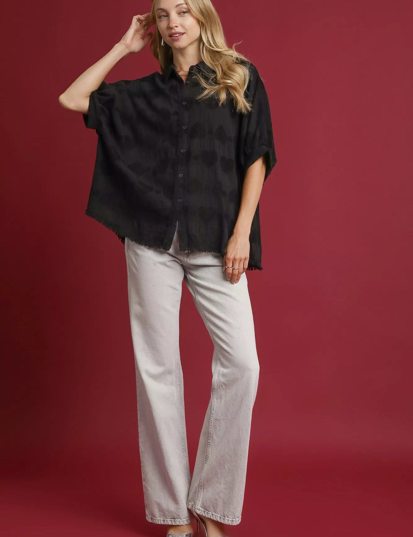 Umgee Jacquard Heart Collared Shirt | Daverri Fashions