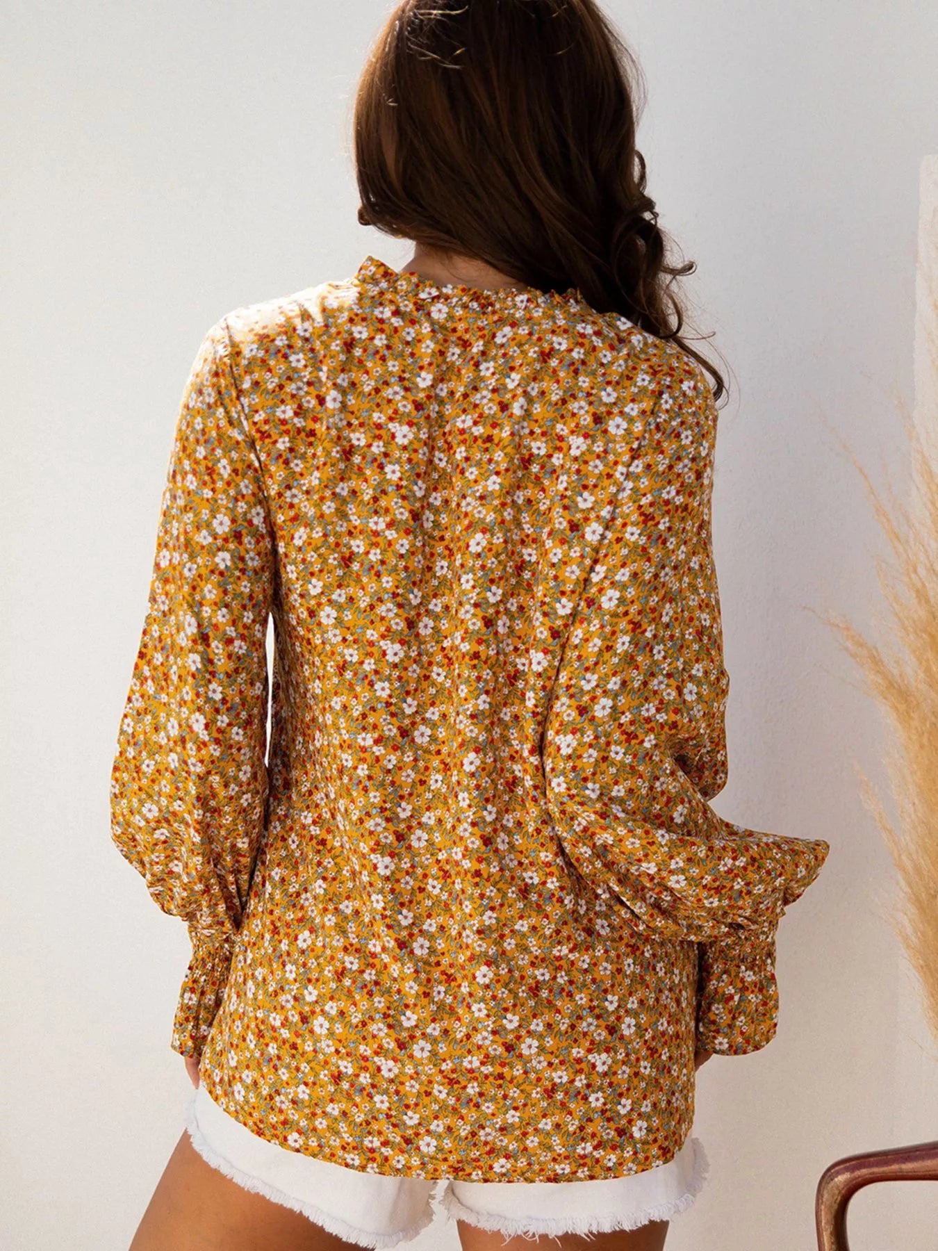 Floral Ruffled Bubble Sleeve Tie Neck Blouse | Blouses Daverri Fashions