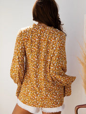 Floral Ruffled Bubble Sleeve Tie Neck Blouse | Blouses Daverri Fashions