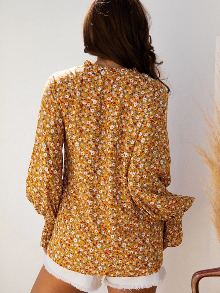 Floral Ruffled Bubble Sleeve Tie Neck Blouse | Blouses Daverri Fashions