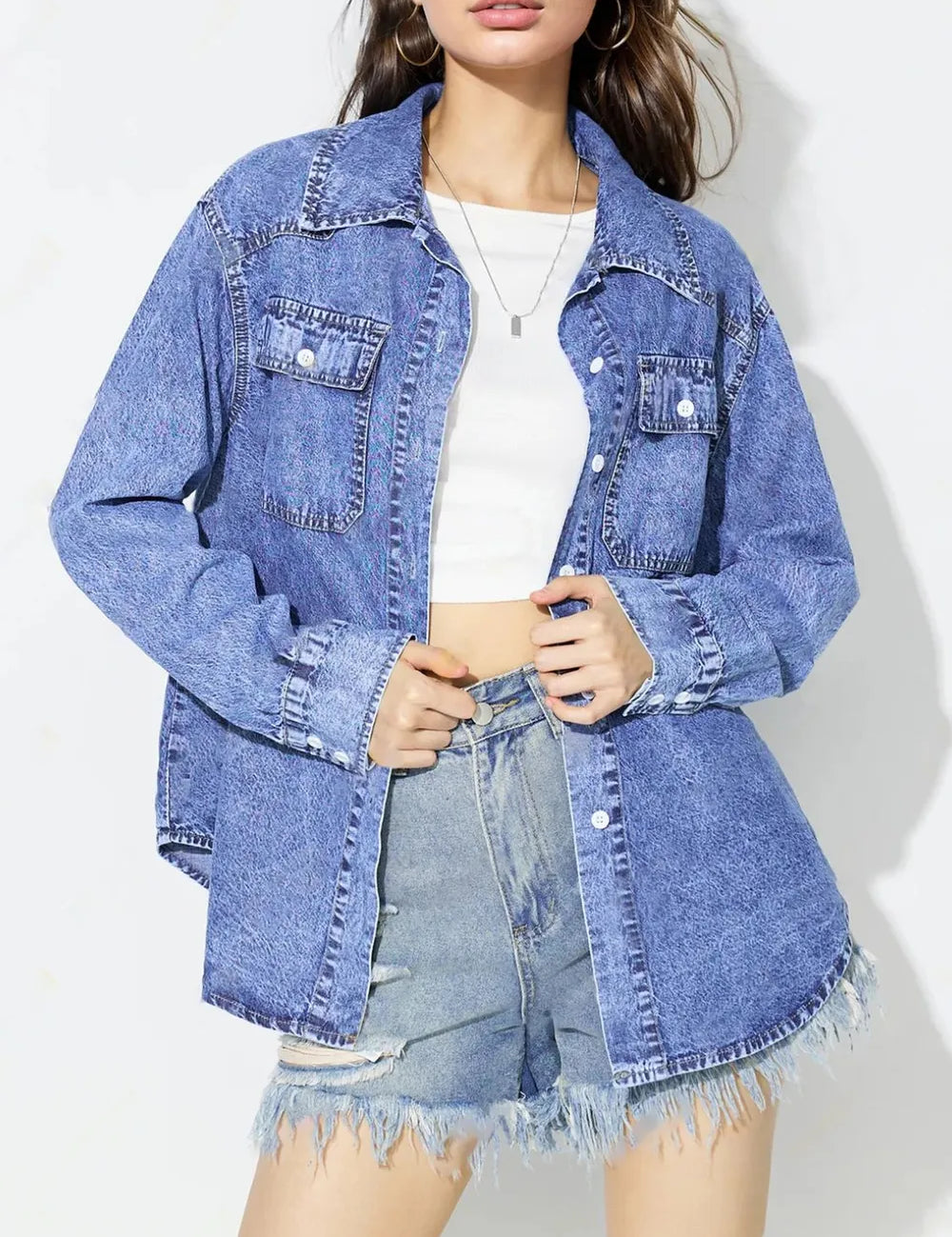 Medium Curved Hem Collared Neck Denim Shirt | Shirts Daverri Fashions