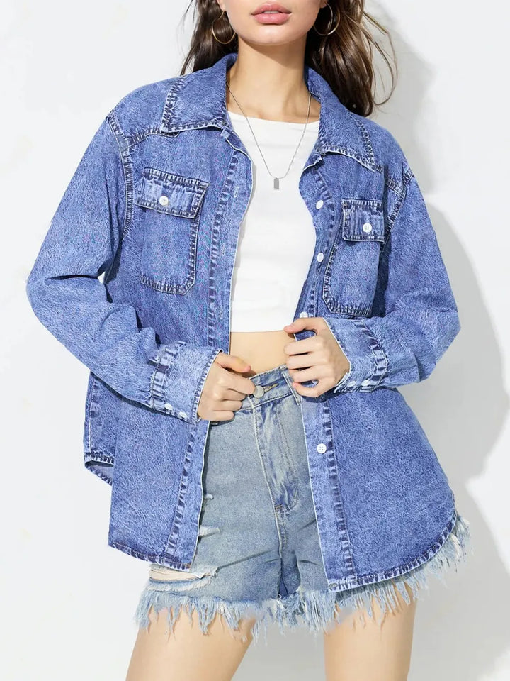 Medium Curved Hem Collared Neck Denim Shirt | Shirts Daverri Fashions