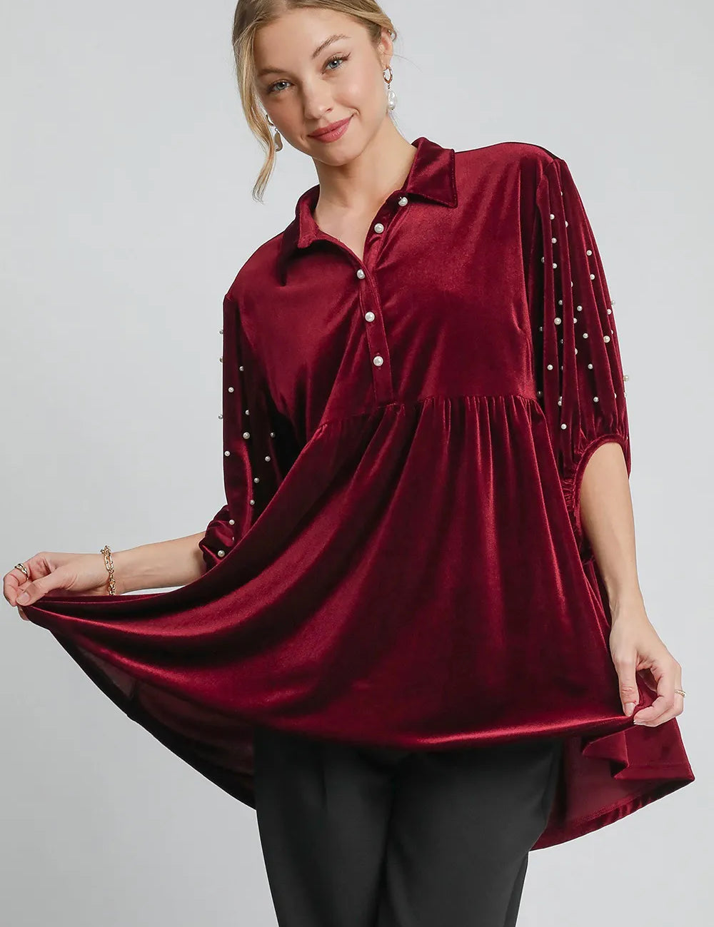 Burgundy Umgee Pearl Detail Collared Neck Velvet Babydoll Blouse | Blouses Daverri Fashions