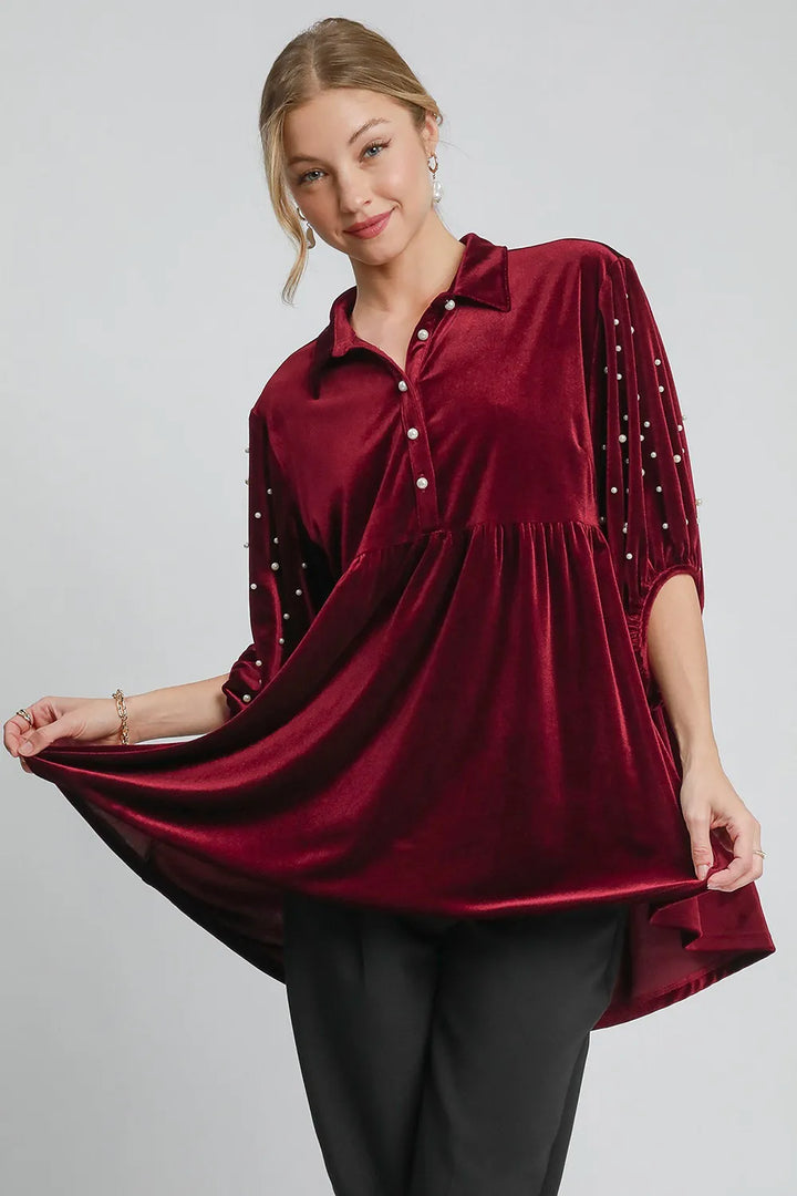 Umgee Pearl Detail Collared Neck Velvet Babydoll Blouse Burgundy