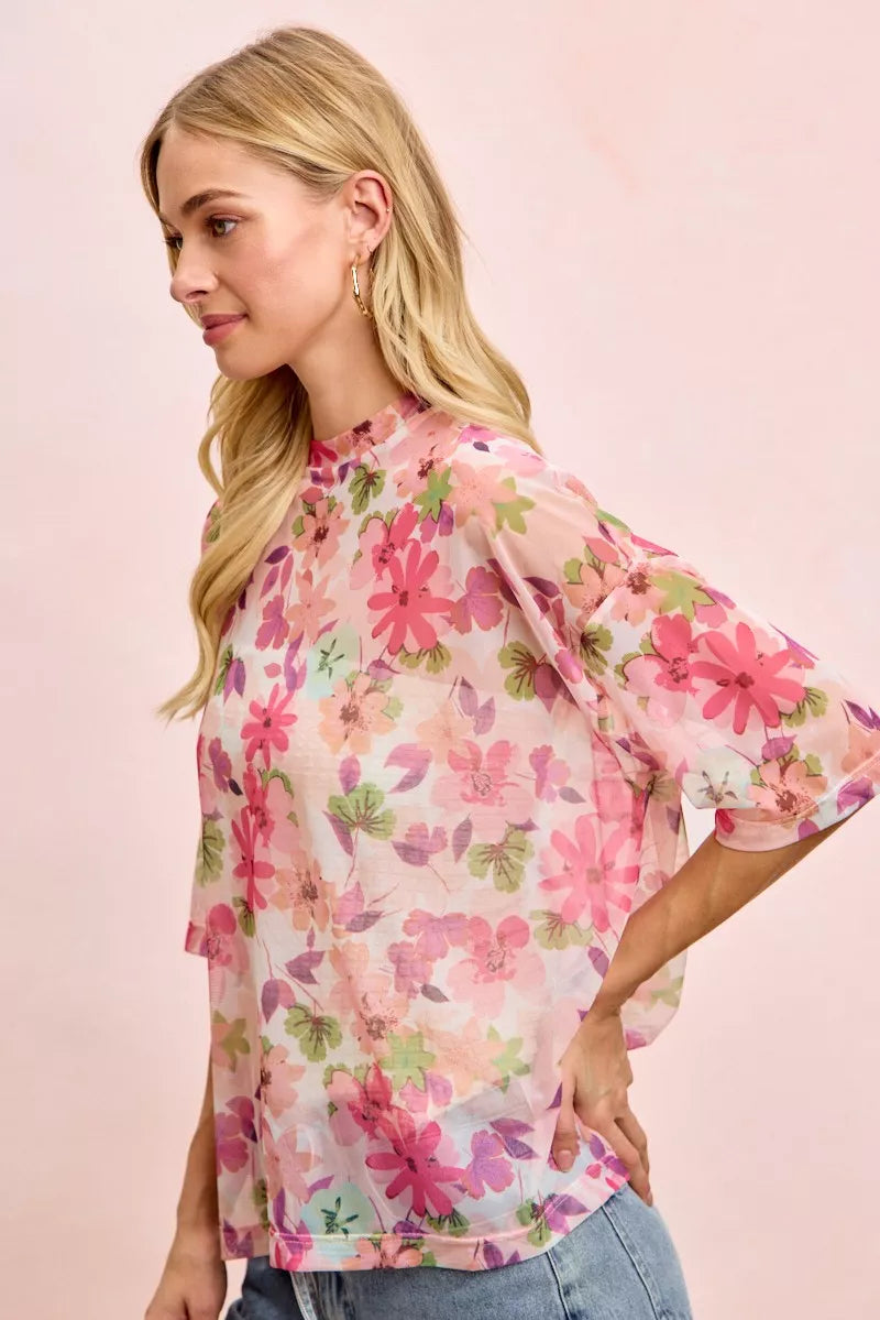 BiBi Floral Print Short Sleeves Boxy Mesh Top in sheer pink with vibrant floral pattern