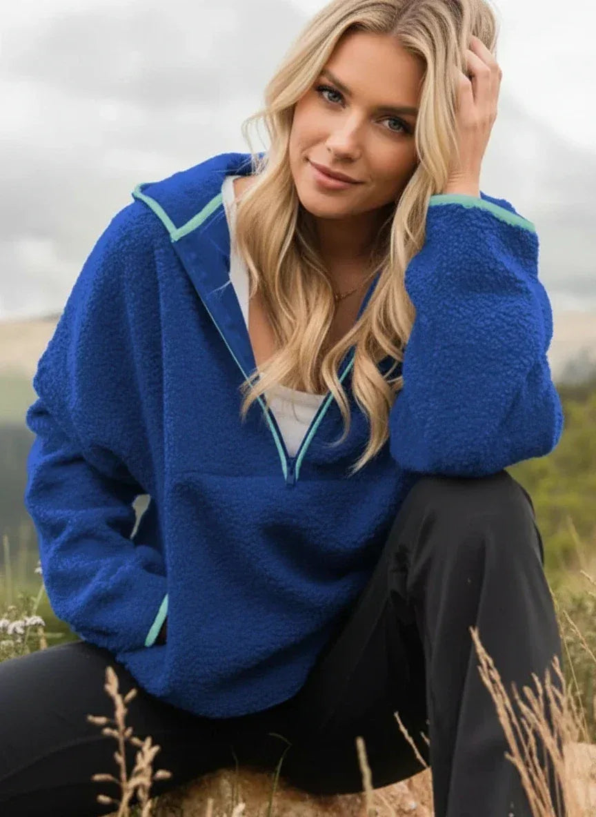 Daverri Fashions Sherpa Quarter-Zip Dropped Shoulder Hoodie - DAVERRI FASHIONS