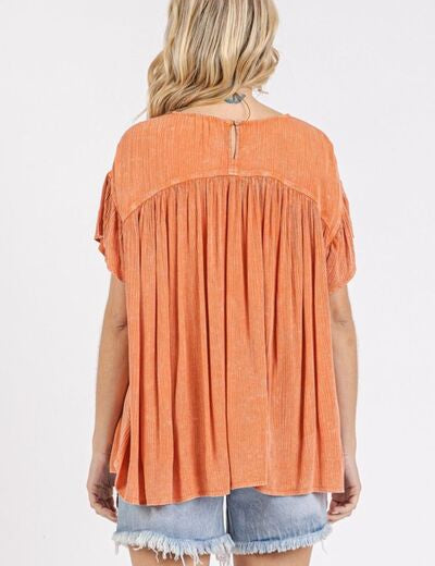 Mittoshop Mineral Washed Round Neck Ruffle Sleeve Blouse