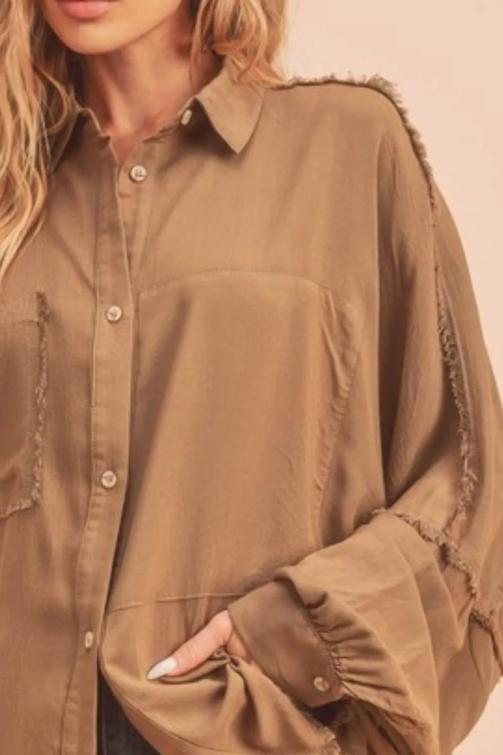 Aemi + Co Raw Edge Exposed Seam Collared Neck Long Sleeve Shirt | Shirts Daverri Fashions
