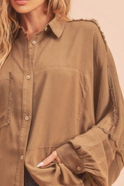 Aemi + Co Raw Edge Exposed Seam Collared Neck Long Sleeve Shirt | Shirts Daverri Fashions