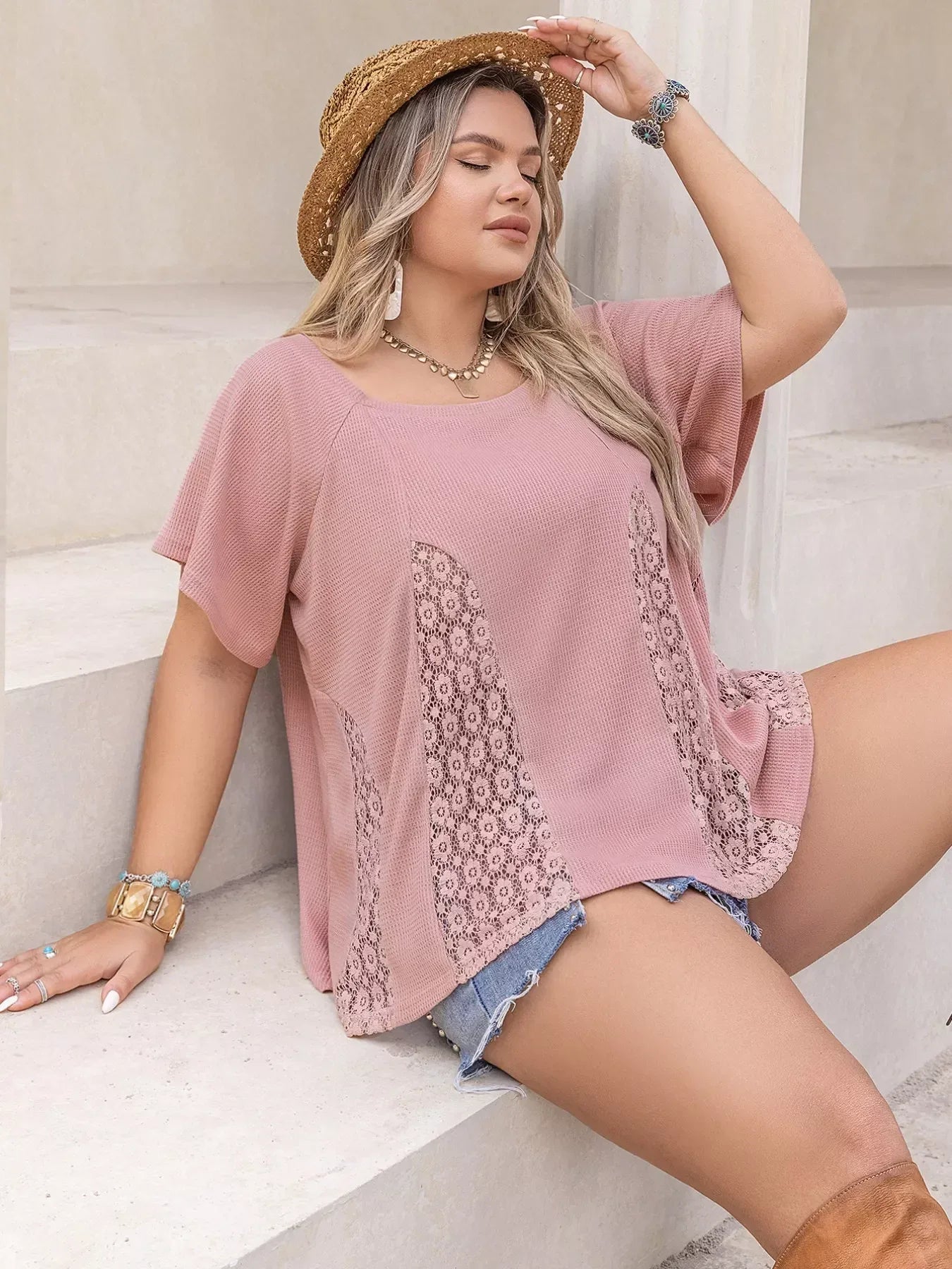 Plus Size Lace Detail Round Neck Short Sleeve T-Shirt - DAVERRI FASHIONS