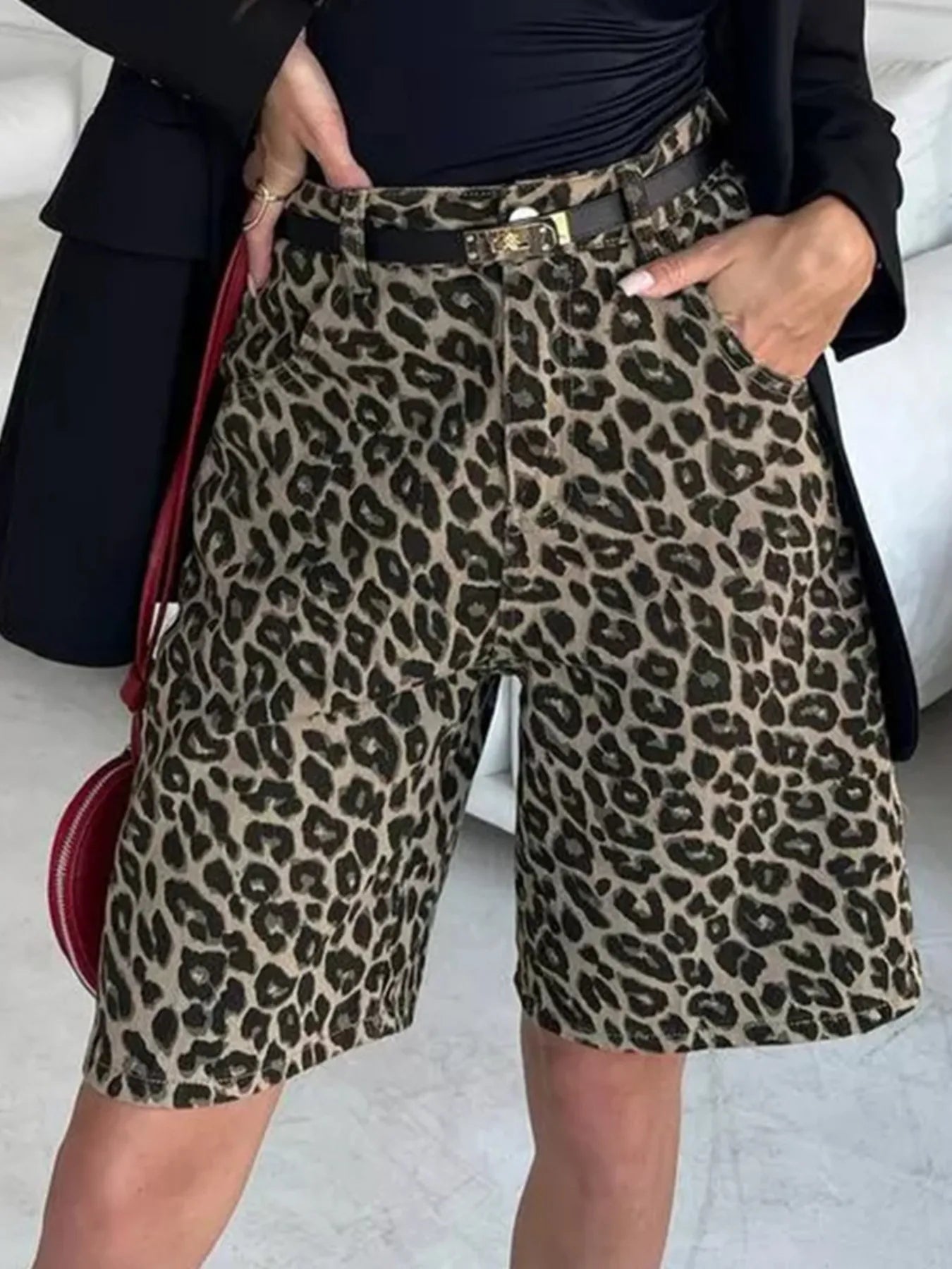 Brown Leopard Print High-Waisted Denim Shorts | Shorts Daverri Fashions