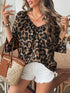Oversized Leopard V-Neck Three-Quarter Sleeve Blouse - DAVERRI FASHIONS