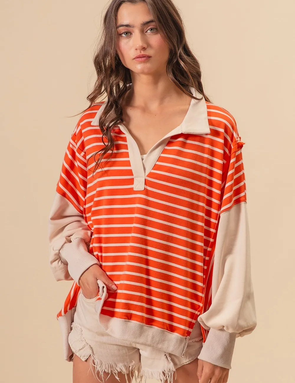 BiBi Stripe Knit Loose Fit Top With Cut Edge Detail | Tops Daverri Fashions