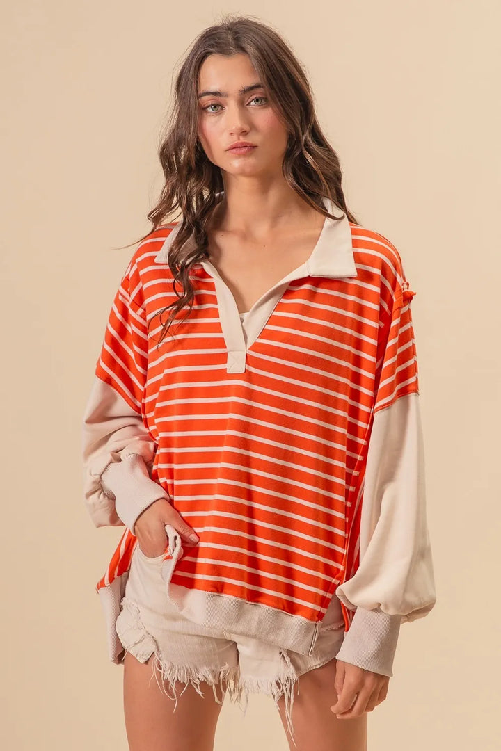 BiBi Stripe Knit Loose Fit Top With Cut Edge Detail Tops
