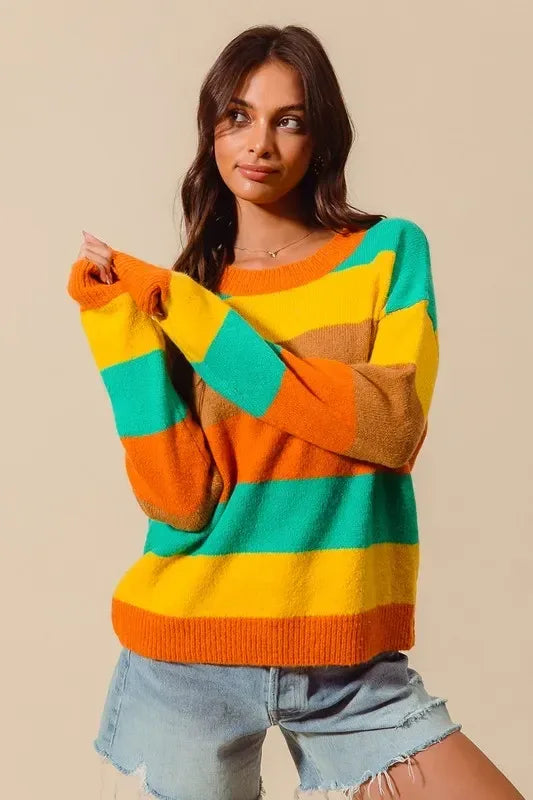 SO ME Multi Color Stripe Sweater with Ribbed Detail - DAVERRI FASHIONS