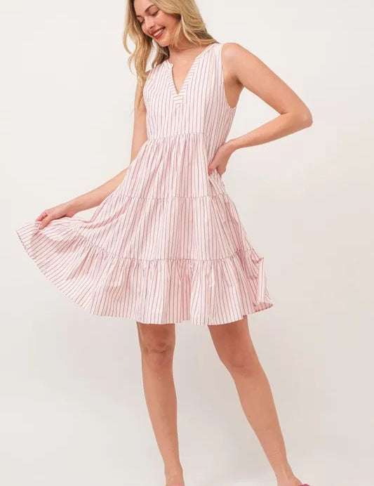 PINK Lime 'N' Chili Striped Sleeveless V-Neck Tiered Dress | Daverri Fashions