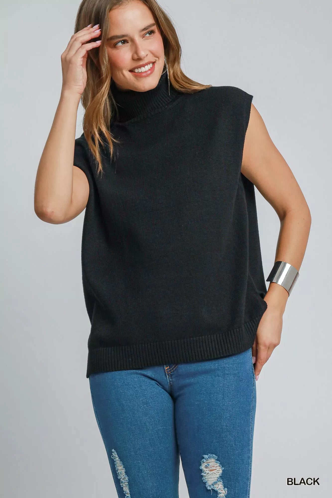 Black Umgee High-Low Turtleneck Sleeveless Sweater Top | Sweaters Daverri Fashions