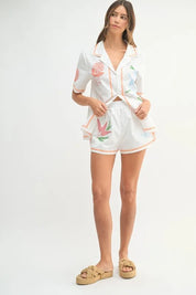 MABLE Embroidered Button Down Shirt and Shorts Set | Outfit Sets Daverri Fashions