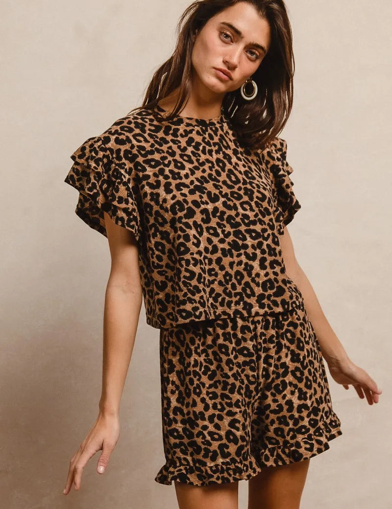 BiBi Leopard Print Waffle Texture Ruffled Romper Set