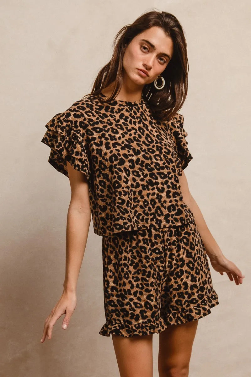 BiBi Leopard Print Waffle Texture Ruffled Romper Set