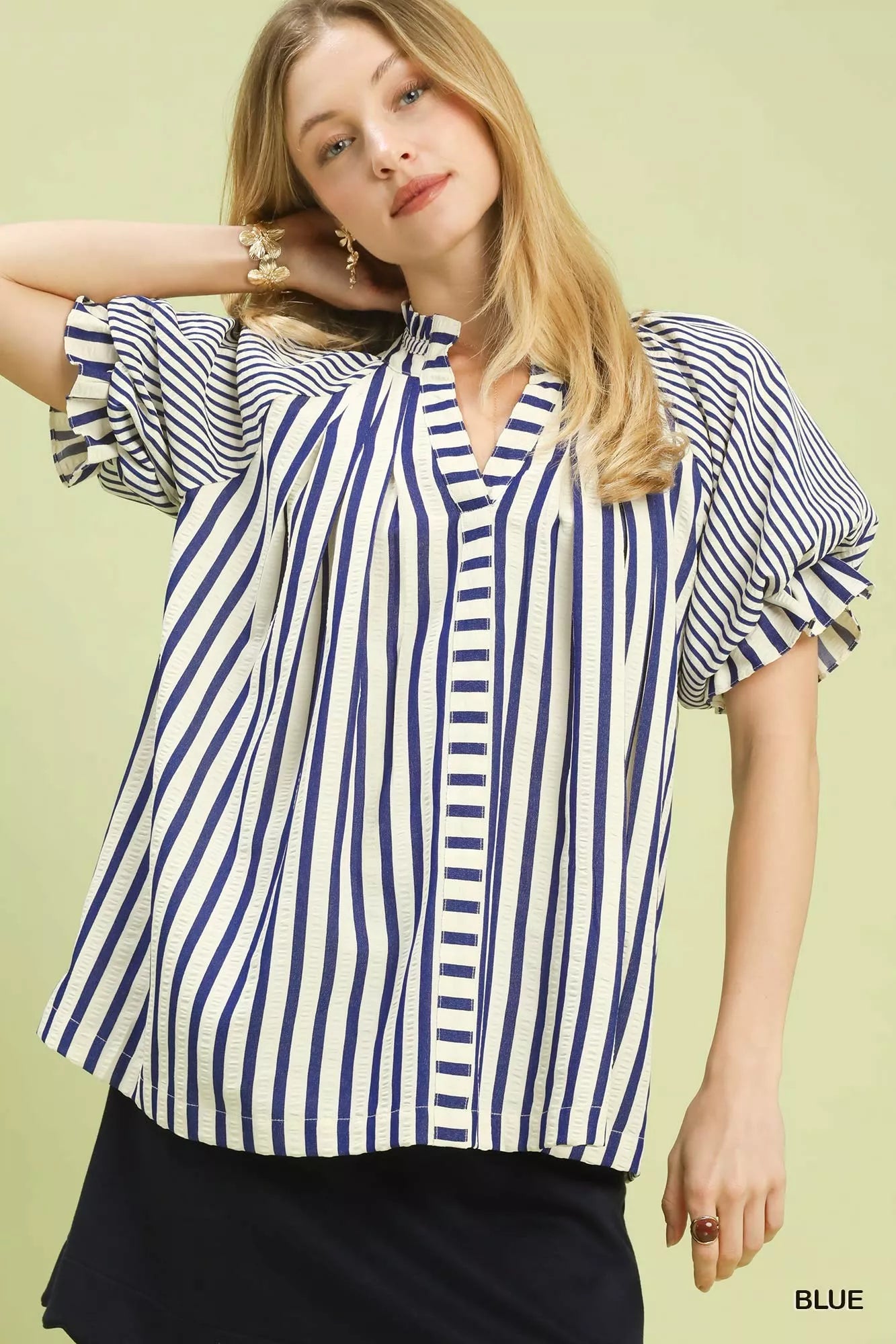 Umgee blue and white striped notched top with ruffled short flutter sleeves