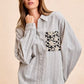 BiBi Flower Jacquard Knit Patch Pocket Stripe Shirt in gray white