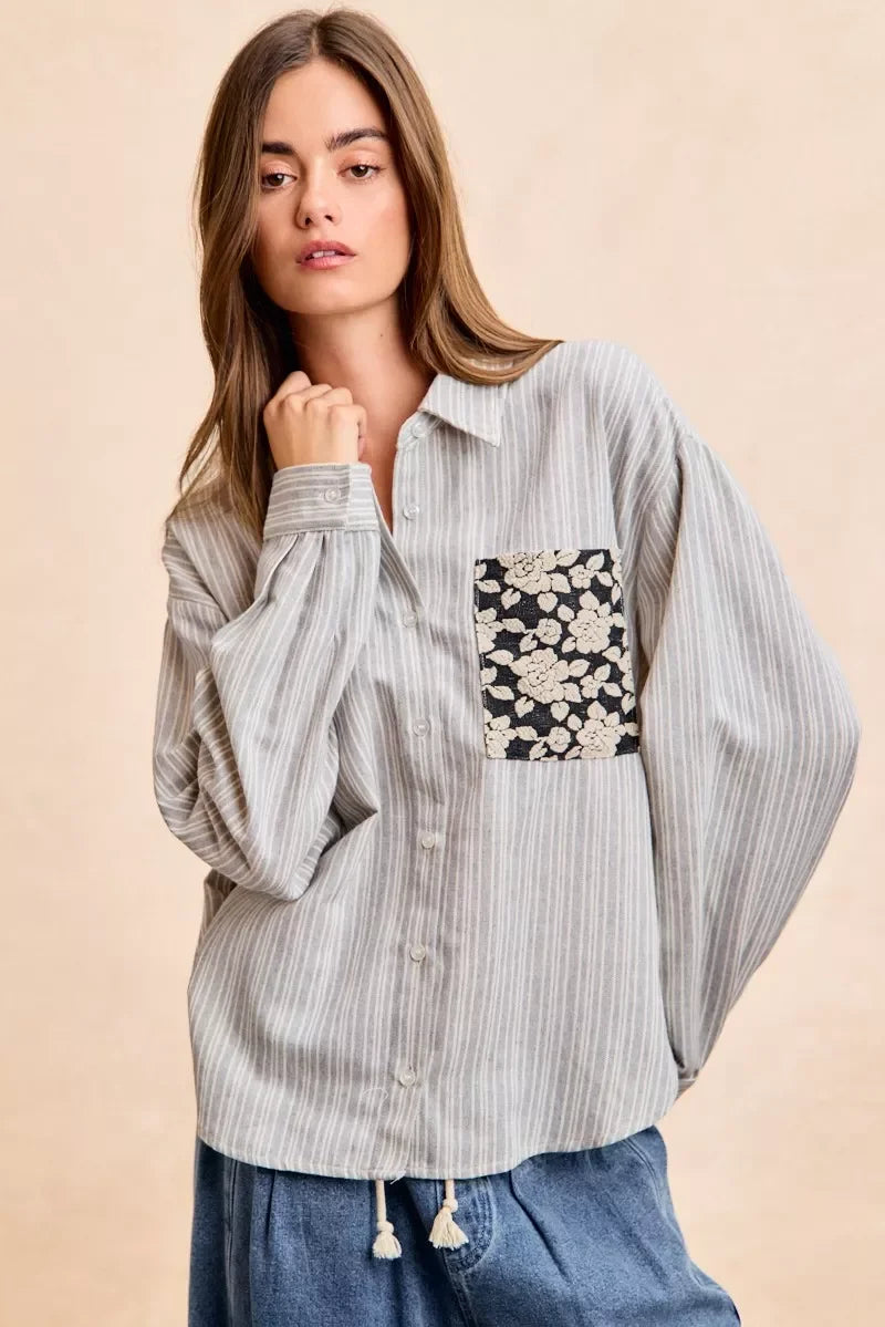 BiBi Flower Jacquard Knit Patch Pocket Stripe Shirt in gray white