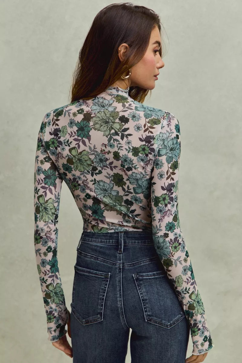 SO ME floral print mesh knit long-sleeve crop top with high neckline and button-down front