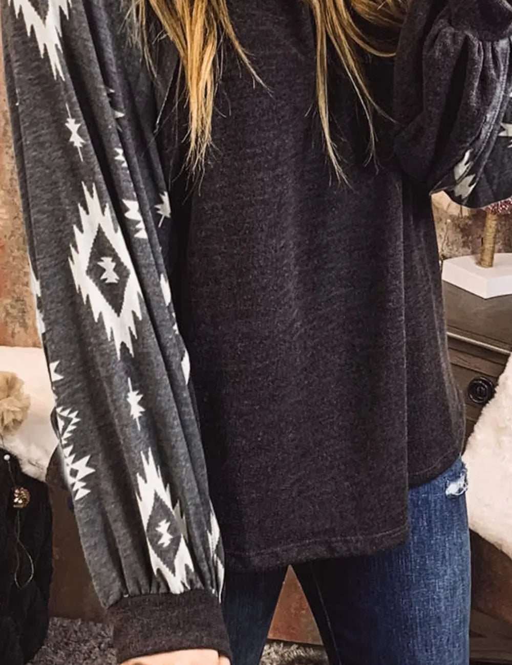 Charcoal gray Aztec print long sleeve cardigan with ribbed cuffs by Daverri Fashions