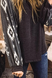 Charcoal gray Aztec print long sleeve cardigan with ribbed cuffs by Daverri Fashions