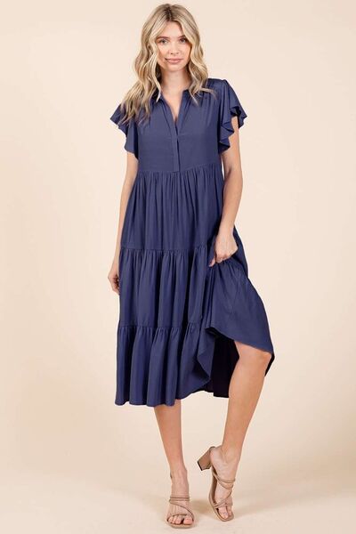 Mittoshop Ruffle Sleeve Collared V Neck Tiered Midi Dress