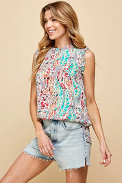 Lime 'N' Chili Full Size Graphic Print Ruffle Trim Mock Neck Sleeveless Top Plus Size | Tops Daverri Fashions