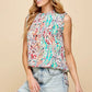 Lime 'N' Chili Full Size Graphic Print Ruffle Trim Mock Neck Sleeveless Top Plus Size